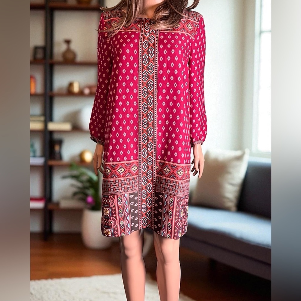 Loft diamond mozaic shift dress size S. Dark pink. Aztec Geometric Print. Boho. - Picture 3 of 10